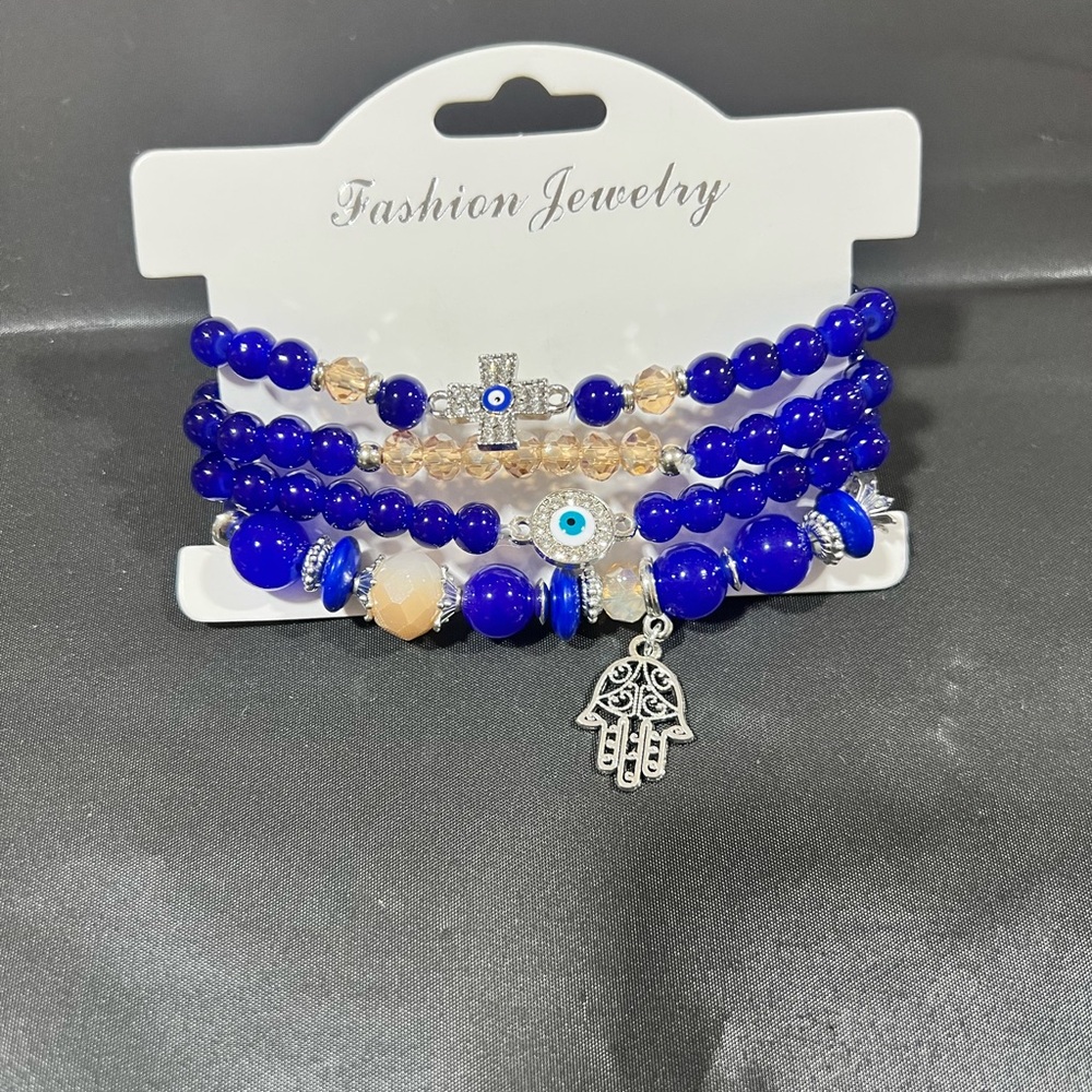 Blue and Silver Beaded Bracelet Set